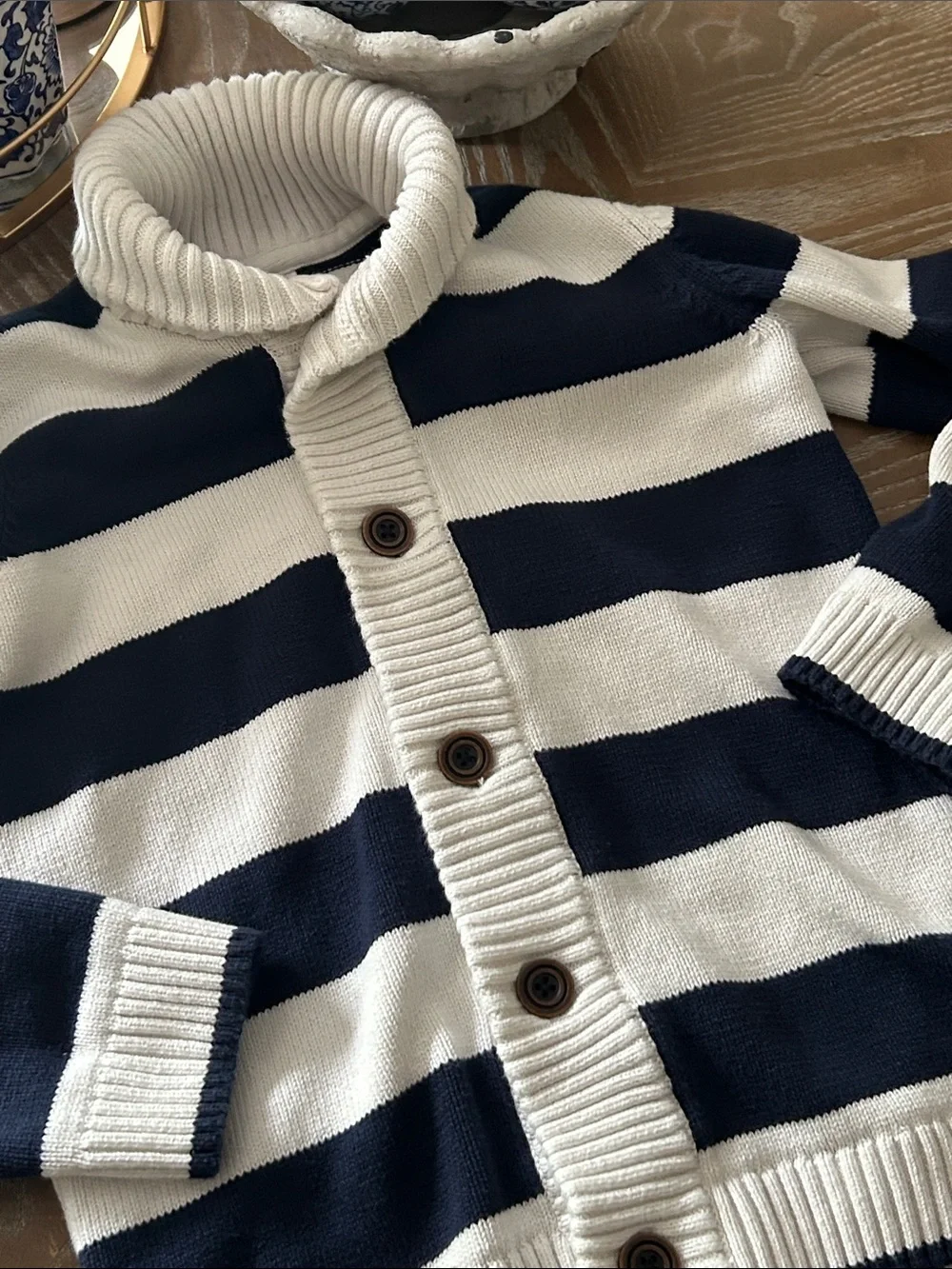 Gymboree Kids Navy & Creamy White Striped Button Sweater Cowl Neck Cardigan